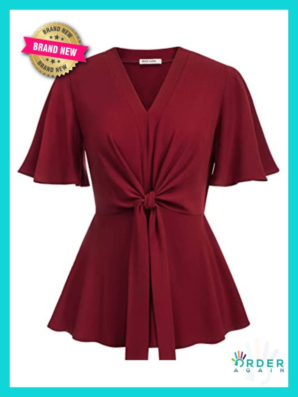 Elegant V-Neck Tie Waist Flowy Peplum Blouse Short Bell Sleeve